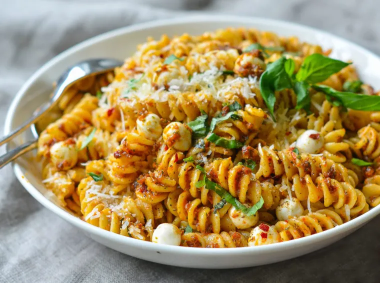 Pasta with Sun-Dried Tomato Pesto and Mozzarella Pearls