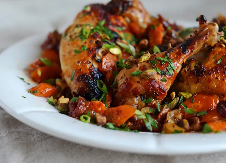 Sweet & Spicy Roast Chicken with Carrots, Dates & Pistachios