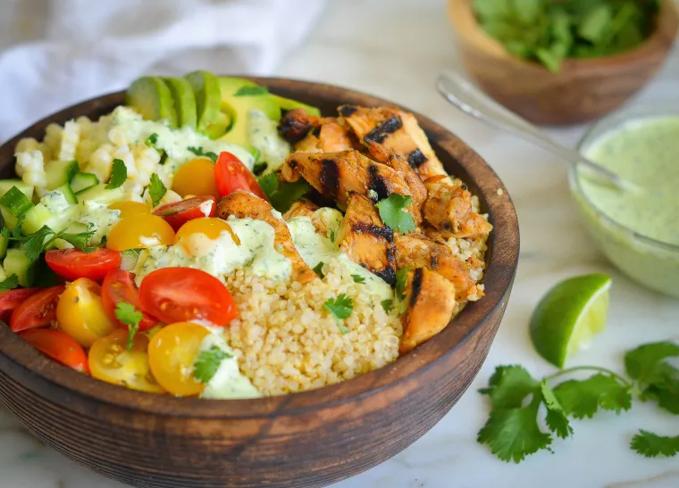 Chicken & Quinoa Burrito Bowls with Spicy Green Sauce