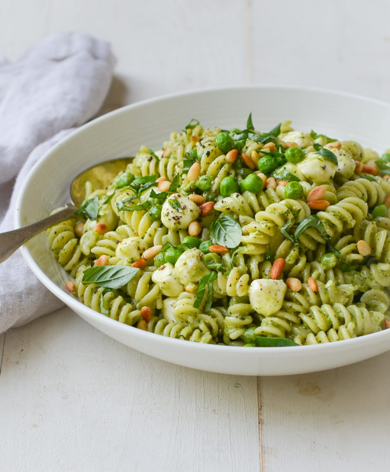 Pesto Pasta Salad with Peas, Pine Nuts & Mozzarella Pearls